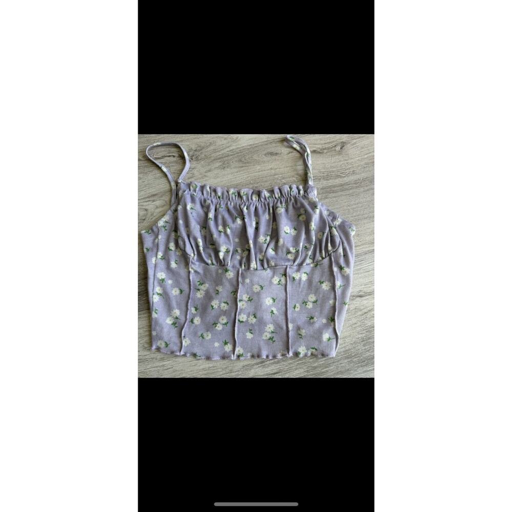 Women Junior Top Crop Shirt Purple With White Flowers Strappy Tank #485